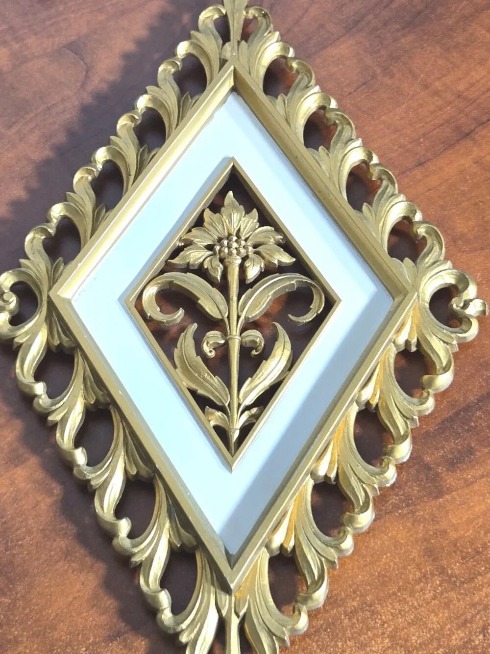 Vintage 1970s Homco Gold Diamond Floral Wall Art - Faux Wood Resin Set of 4